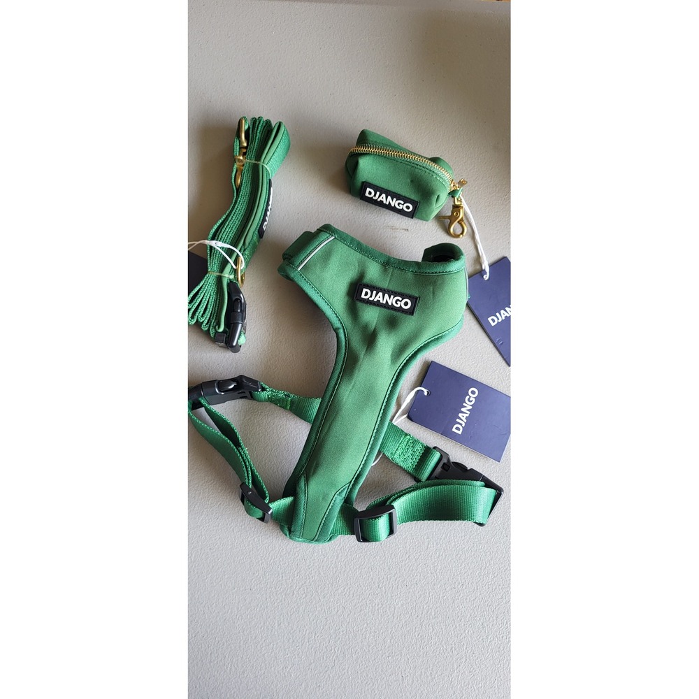 DJANGO Adventure Dog Harness Leash & Waste Bag Set Green Large New